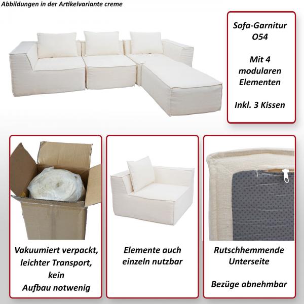 Foto mit wichtigsten Merkmalen des Produktes Sofa-Garnitur HWC-O54, Couch Sofa Loungesofa mit Ottomane modular vakuumiert, Stoff/Textil 63x270x190cm ~ creme