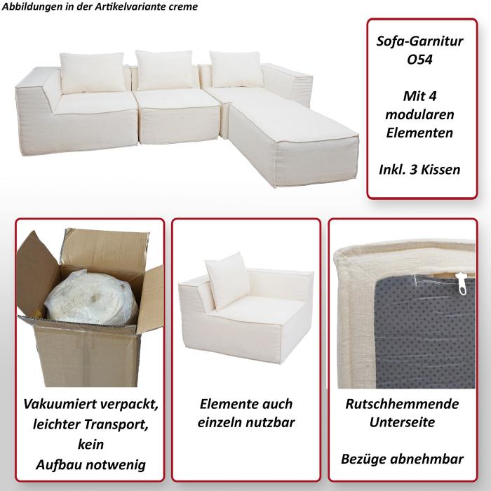 Sofa-Garnitur HWC-O54, Couch Sofa Loungesofa mit Ottomane modular vakuumiert, Stoff/Textil 63x270x190cm ~ creme