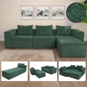 Sofa-Garnitur HWC-O54, Couch Sofa Loungesofa mit Ottomane modular, Stoff/Textil 63x270x190cm ~ grn