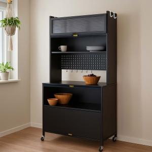 Kchenschrank HWC-O53, Kchenregal Schrank Arbeitsplatte Schrankfcher rollbar Metall 175x80x42cm ~ schwarz