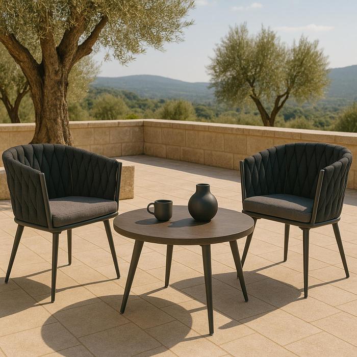 2er-Set Aluminium-Gartenstuhl HWC-N38, Outdoor Stuhl Armlehne, Olefin Seilgeflecht Rope ~ anthrazit Kissen hellgrau