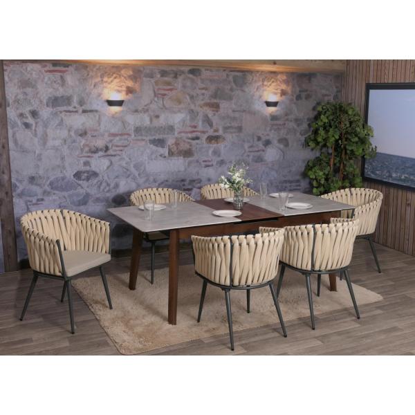 Stimmungsbild fr Produkt 2er-Set Aluminium-Esszimmerstuhl HWC-N38, Indoor Stuhl Armlehne, Olefin Seilgeflecht Rope ~ creme Kissen hellbraun