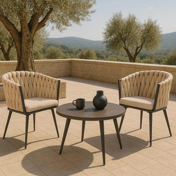 Stimmungsbild fr Produkt 2er-Set Aluminium-Gartenstuhl HWC-N38, Outdoor Stuhl Armlehne, Olefin Seilgeflecht Rope ~ creme Kissen hellbraun