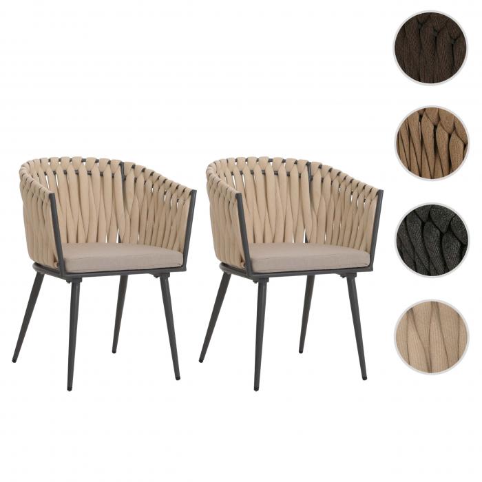 2er-Set Aluminium-Gartenstuhl HWC-N38, Outdoor Stuhl Armlehne, Olefin Seilgeflecht Rope ~ creme Kissen hellbraun