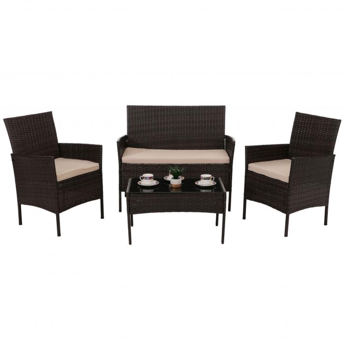 Poly-Rattan Garten-Garnitur HWC-N98, Sitzgruppe Lounge-Set, Metall Glas Stoff/Textil (180g/m) ~ braun, Kissen creme