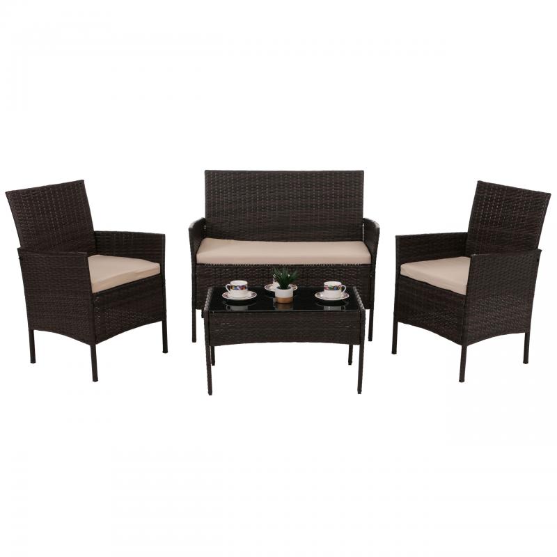 Poly-Rattan Garten-Garnitur HWC-N98, Sitzgruppe Lounge-Set, Metall Glas Stoff/Textil (180g/m) ~ braun, Kissen creme