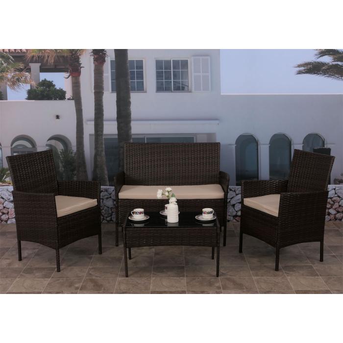 Poly-Rattan Garten-Garnitur HWC-N98, Sitzgruppe Lounge-Set, Metall Glas Stoff/Textil (180g/m) ~ braun, Kissen creme
