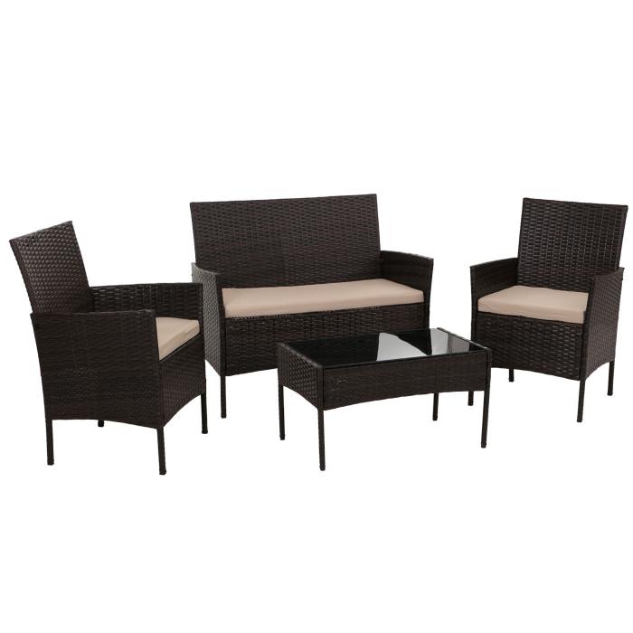 Poly-Rattan Garten-Garnitur HWC-N98, Sitzgruppe Lounge-Set, Metall Glas Stoff/Textil (180g/m) ~ braun, Kissen creme
