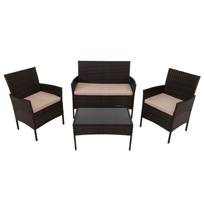Poly-Rattan Garten-Garnitur HWC-N98, Sitzgruppe Lounge-Set, Metall Glas Stoff/Textil (180g/m) ~ braun, Kissen creme