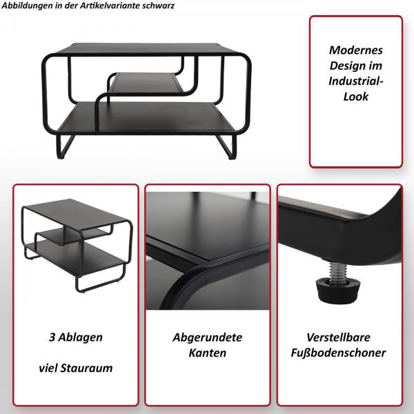 Foto mit wichtigsten Merkmalen des Produktes Couchtisch HWC-O49, Wohnzimmertisch Tisch, Industrial 3 Ablagen, Metall 45x80x40cm ~ wei