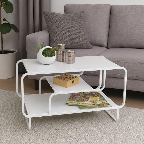 Stimmungsbild fr Produkt Couchtisch HWC-O49, Wohnzimmertisch Tisch, Industrial 3 Ablagen, Metall 45x80x40cm ~ wei