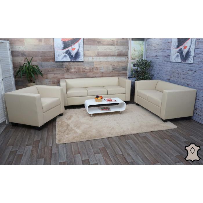 3-2-1 Sofagarnitur Couchgarnitur Loungesofa Lille ~ Leder, creme