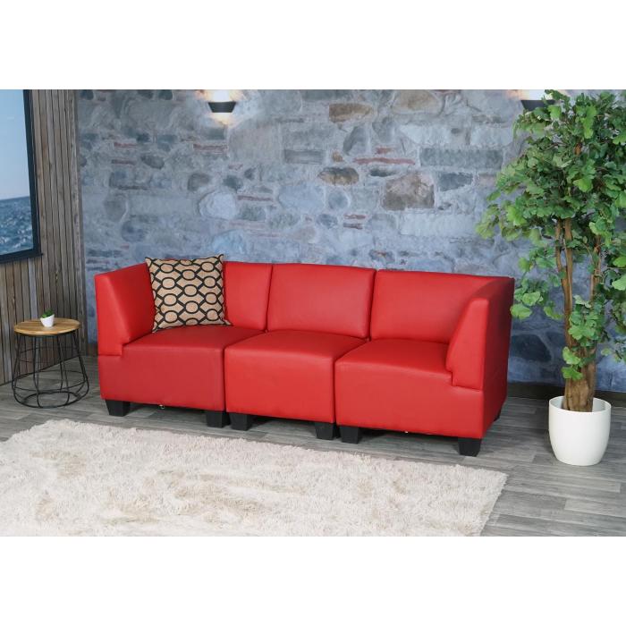 Modular 3-Sitzer Sofa Couch Lyon, Kunstleder ~ rot, hohe Armlehnen