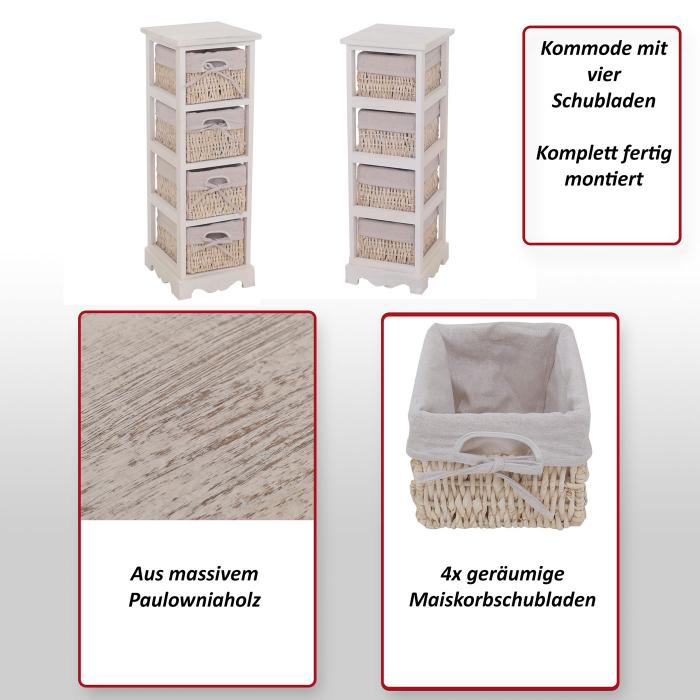Regal Kommode mit 4 Korbschubladen 74x25x28cm, Shabby-Look, Vintage ~ weiß