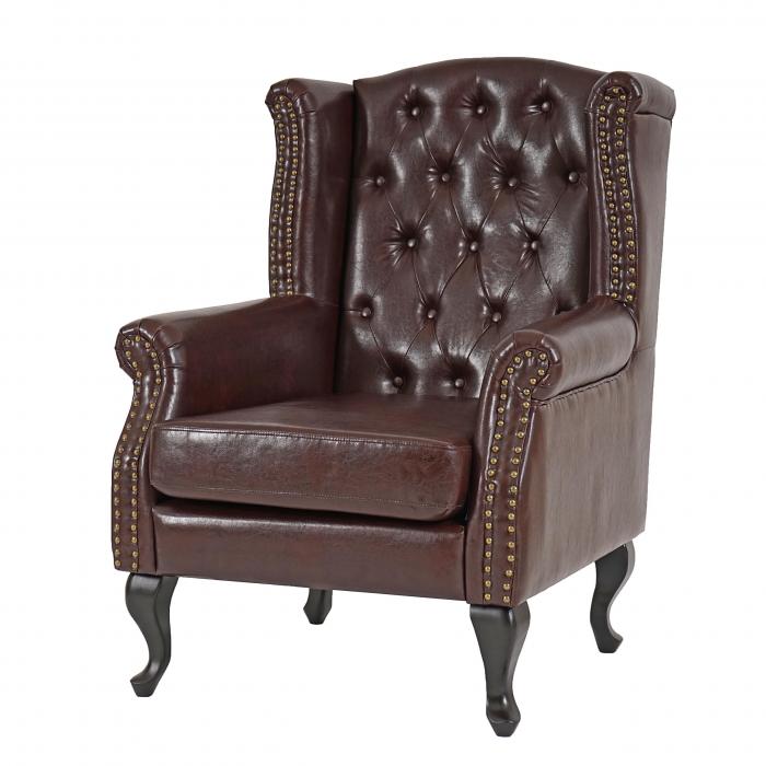 Sessel Relaxsessel Clubsessel Ohrensessel Chesterfield, Kunstleder ~ antik-braun ohne Ottomane