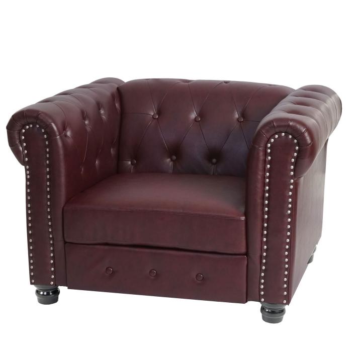 Luxus Sessel Loungesessel Relaxsessel Chesterfield Kunstleder ~ runde Fe, rot-braun mit Ottomane