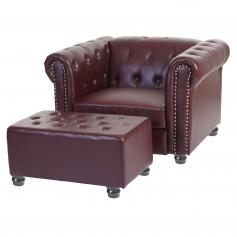 Luxus Sessel Loungesessel Relaxsessel Chesterfield Kunstleder ~ runde Füße, rot-braun mit Ottomane
