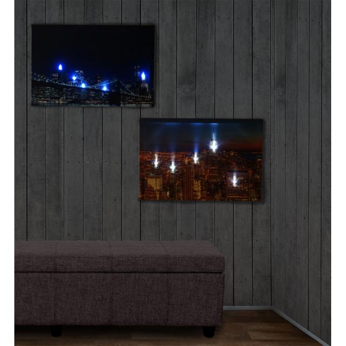 2er-Set LED-Bild Leinwandbild Leuchtbild Wandbild 40x60cm, Timer ~ Skyline New York