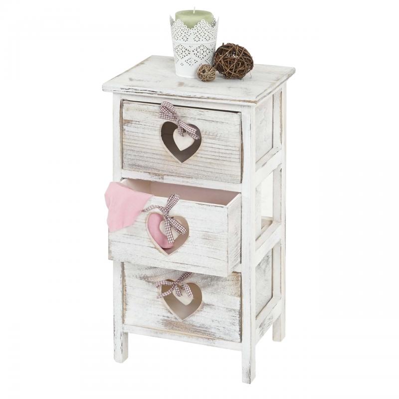 Kommode Forli, Schubladenkommode Schrank, 3 Schubladen mit Herzen 55x29x25cm, Shabby-Look, Vintage ~ wei