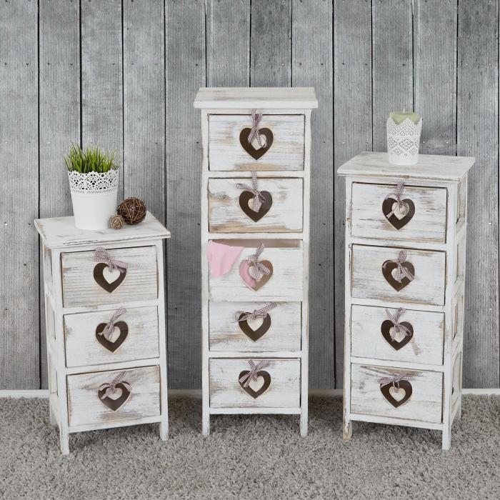Kommode Forli, Schubladenkommode Schrank, 3 Schubladen mit Herzen 55x29x25cm, Shabby-Look, Vintage ~ wei
