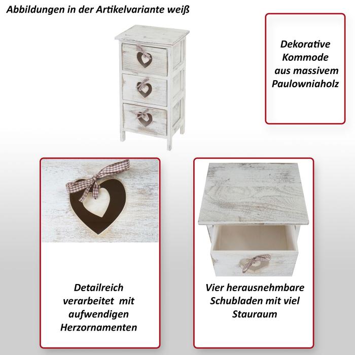 Kommode Forli, Schubladenkommode Schrank, 3 Schubladen mit Herzen 55x29x25cm, Shabby-Look, Vintage ~ braun