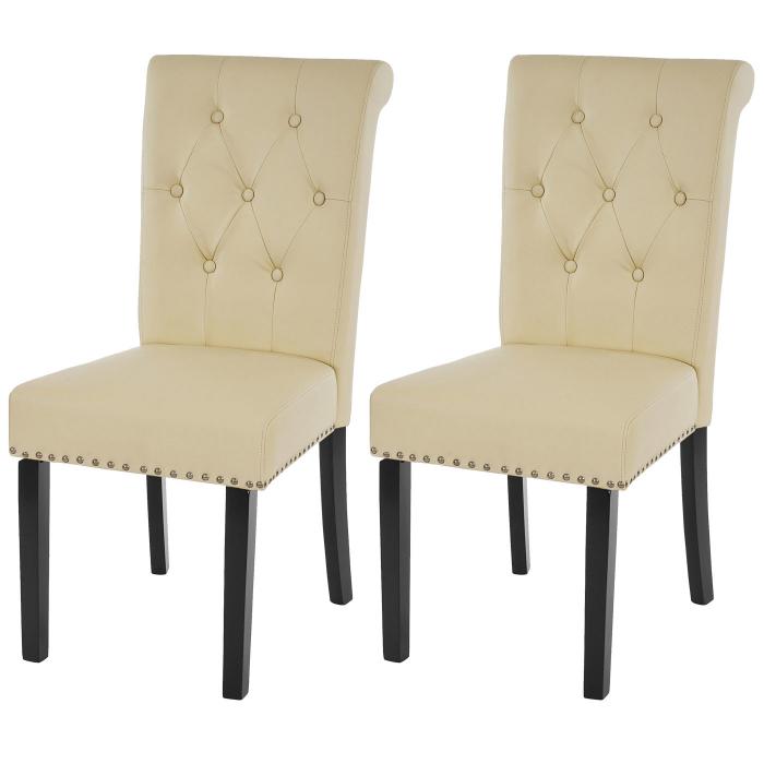 2er-Set Esszimmerstuhl Chesterfield II, Stuhl Kchenstuhl, Nieten ~ Kunstleder, creme, dunkle Beine