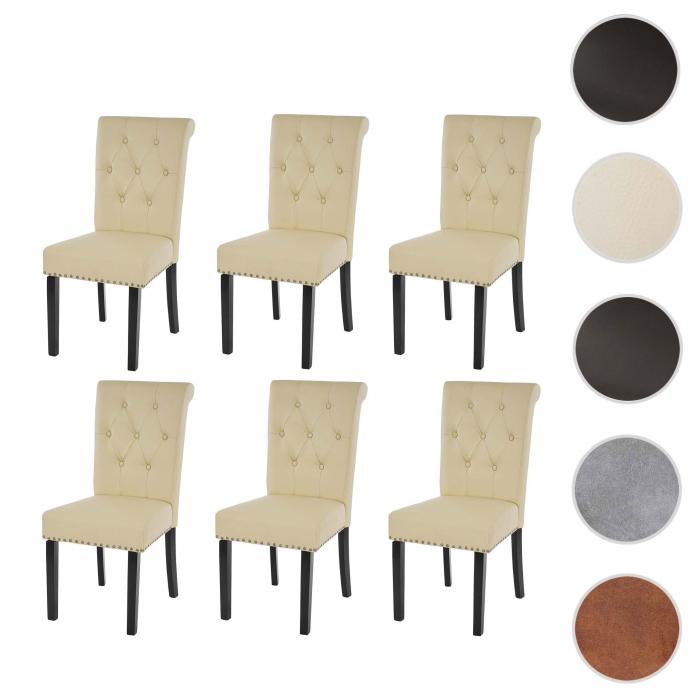 6er-Set Esszimmerstuhl Chesterfield II, Stuhl Kchenstuhl, Nieten ~ Kunstleder, creme, dunkle Beine