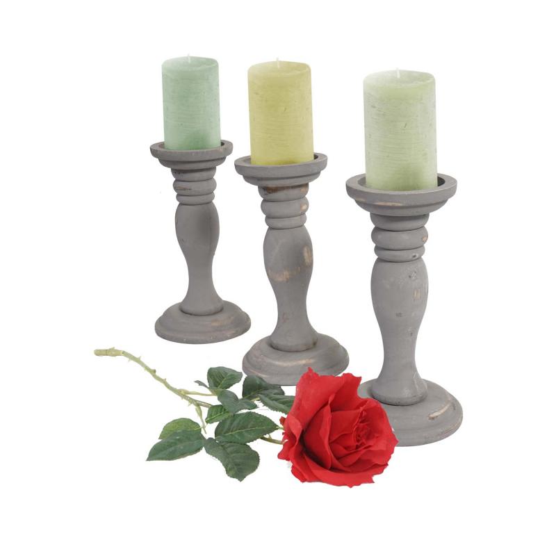 3er Set Kerzenstnder T361, Kerzenhalter, Shabby-Look Vintage Hhe 24cm ~ grau