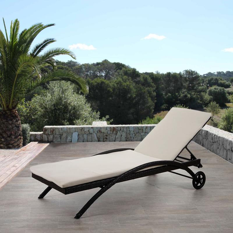 Sonnenliege Kastoria, Relaxliege Gartenliege, Poly-Rattan ~ braun-meliert, Auflage creme