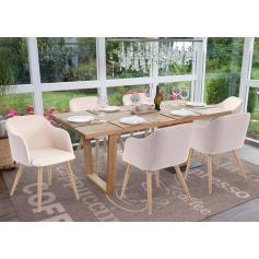 6er-Set Esszimmerstuhl HWC-D71, Stuhl Küchenstuhl, Retro Design, Armlehnen Stoff/Textil ~ creme-beige