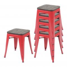 6x Hocker HWC-A73 inkl. Holz-Sitzfläche, Metallhocker Sitzhocker, Metall Industriedesign stapelbar ~ rot