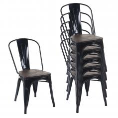 6er-Set Stuhl HWC-A73 inkl. Holz-Sitzfläche, Bistrostuhl Stapelstuhl, Metall Industriedesign stapelbar ~ schwarz