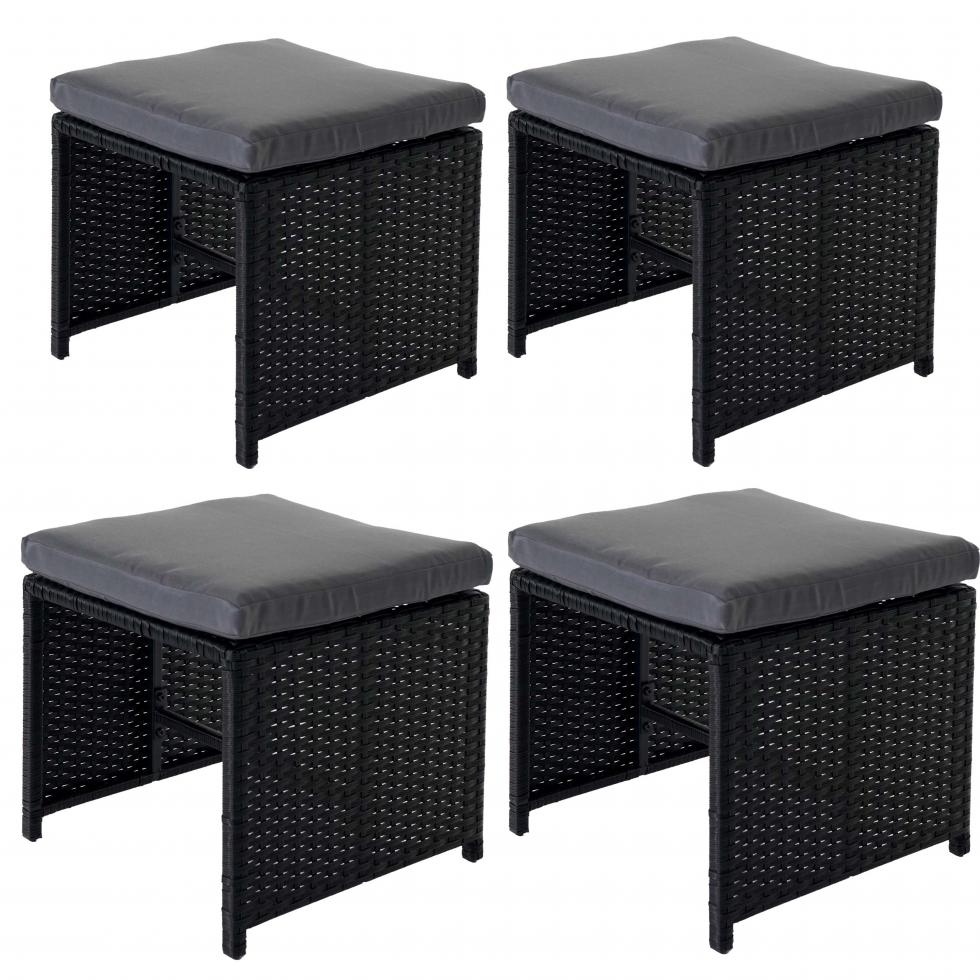 Sitzhocker Lounge-Set 4x Poly-Rattan Hocker Korfu 36x40cm schwarz Kissen grau