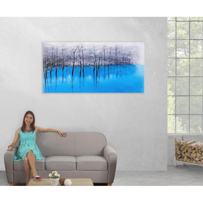 Ölgemälde Blauer See, 100% handgemaltes Wandbild Gemälde XL, 140x70cm