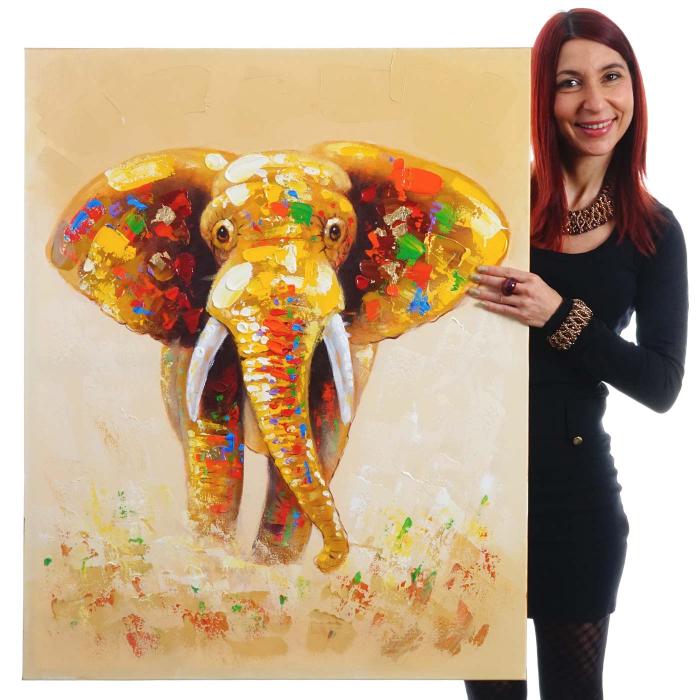 lgemlde Elefant, 100% handgemaltes Wandbild Gemlde XL, 100x80cm