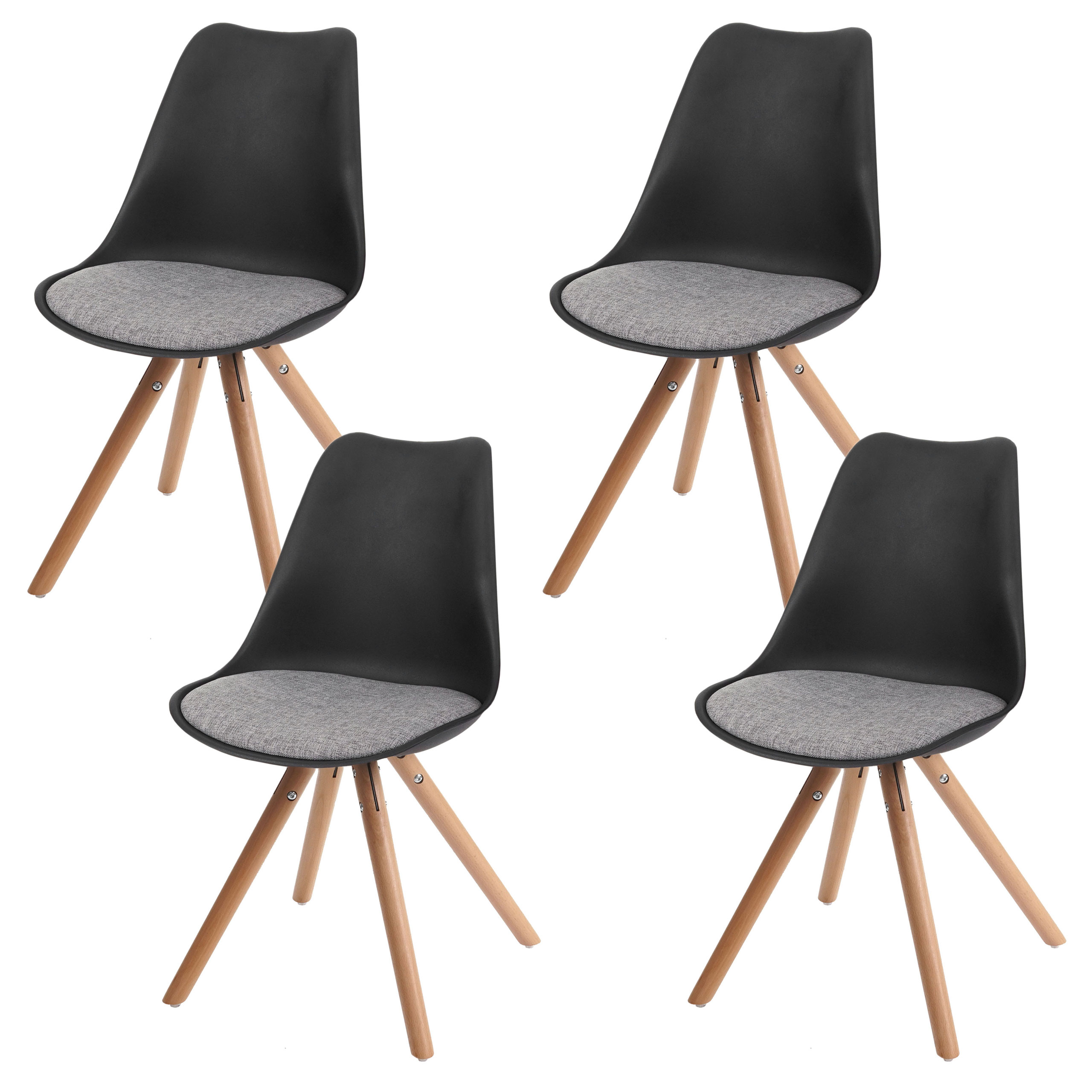 4x Esszimmerstuhl Malmö T501 Retro Design Schwarz Sitzfläche Textil Grau Helle Beine