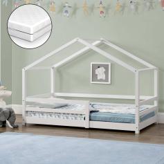Kinderbett HLO-PX119 80x160 cm mit Rausfallschutz + Lattenrost + Kaltschaummatratze ~ Weiß