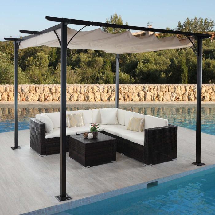 Pergola HWC-C42, Garten Pavillon, stabiles 6cm-Gestell + Schiebedach ~ 3,5x3,5m creme