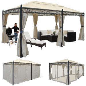 Pergola Cadiz, Pavillon, stabiles 7cm-Gestell 5x3m ~ creme mit Seitenwand + Moskitonetz