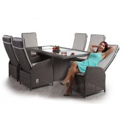 Luxus Poly-Rattan-Garnitur Badalona, Premium Lounge Set Alu-Sitzgruppe Tisch + 6 verstellbare Stühle ~ grau