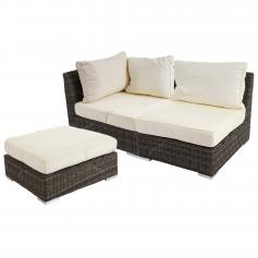 Einzelstück | Luxus Poly-Rattan Sofa-Garnitur Melilla, bestehend aus 1x Mittelteil 1x Eckteil 1x Ottomane, Alu-Gestell