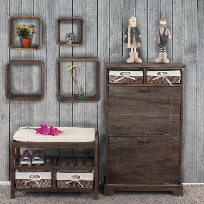 Garderobe Wandgarderobe mit Spiegel Wandhaken 180x65x7cm, Shabby-Look, Vintage ~ wei