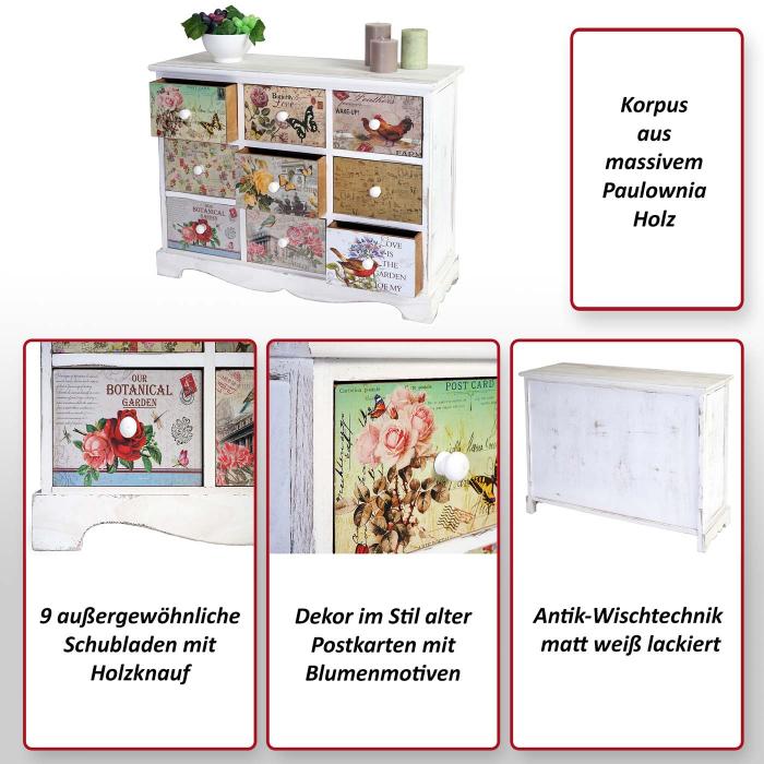 Kommode Venlo, Schubladenschrank Shabby-Look, Vintage, 9 Schubladen 60x79x30cm