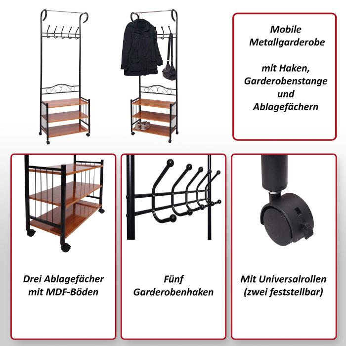 Metall-Garderobe Oshawa, Standgarderobe Kleiderstange, 186x65x34cm