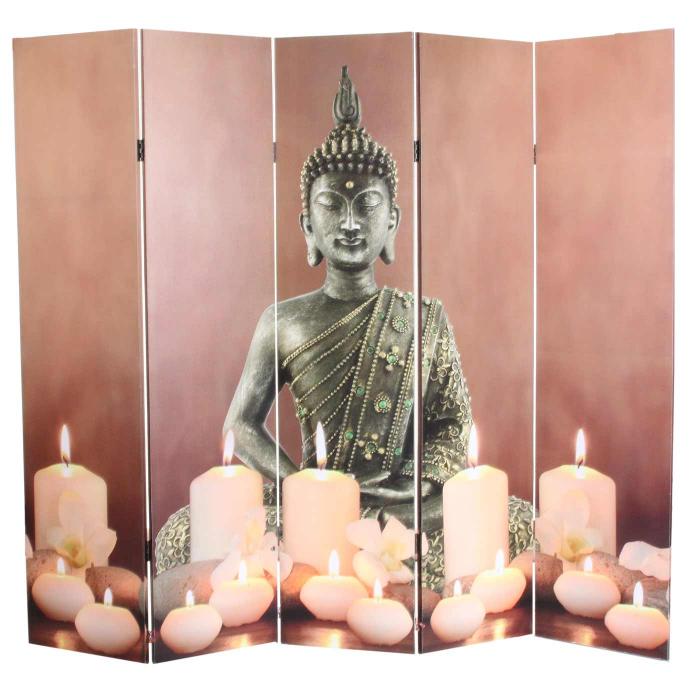 LED-Paravent Buddha, Trennwand Raumteiler, Timer netzbetrieben 180x200cm 15 LEDs