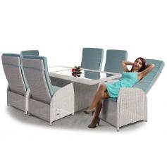 Luxus Poly-Rattan-Garnitur Badalona, Premium Lounge Set Alu-Sitzgruppe Tisch + 6 verstellbare Stühle ~ hellgrau