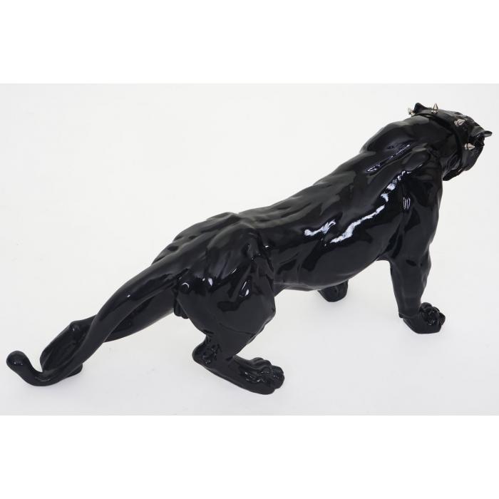 Deko Figur Leopard 59cm, Polyresin Skulptur Panther, In-/Outdoor ~ schwarz hochglanz mit Halsband