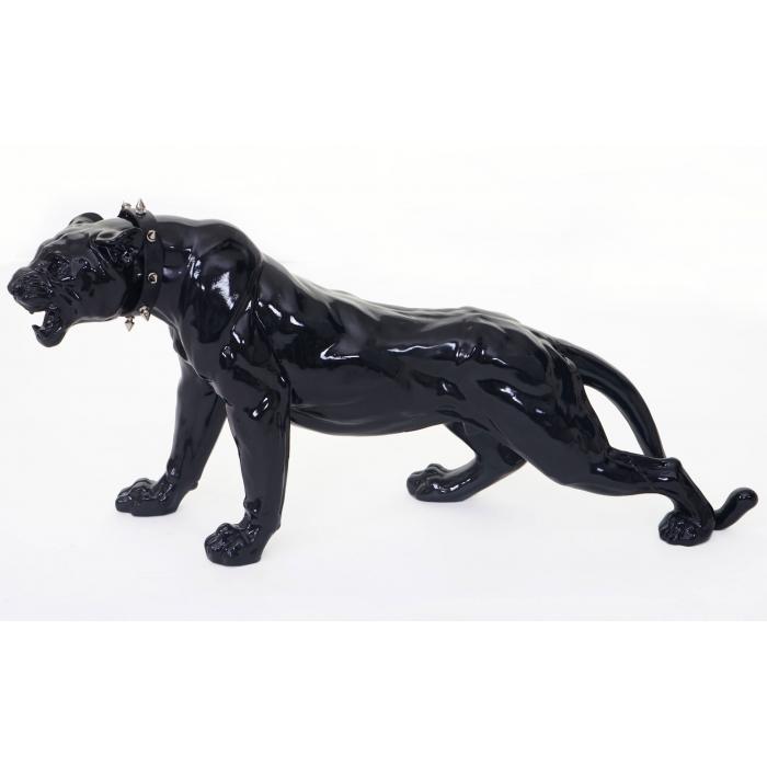 Deko Figur Leopard 59cm, Polyresin Skulptur Panther, In-/Outdoor ~ schwarz hochglanz mit Halsband