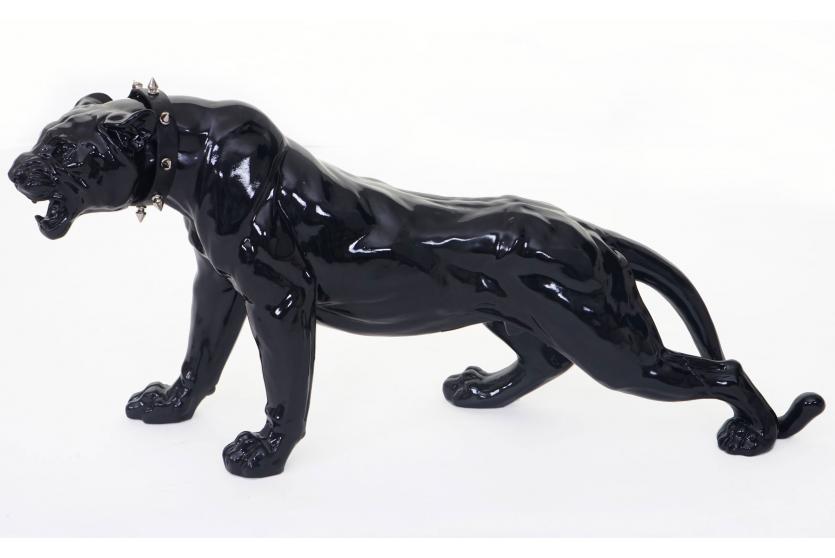 Skulptur Dekofigur schwarzer Panther aus Kunststein silberner Anhänger 35x53 cm 