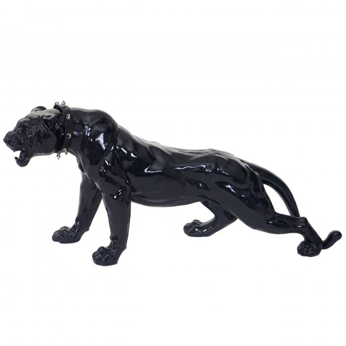 Deko Figur Leopard 59cm, Polyresin Skulptur Panther, In-/Outdoor ~ schwarz hochglanz mit Halsband